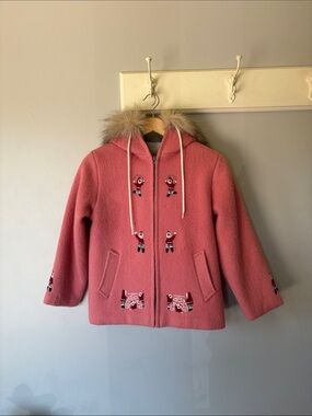 Vintage Pink Boiled Wool Hooded Kids Coat Real Fur Collar Trim 6/8